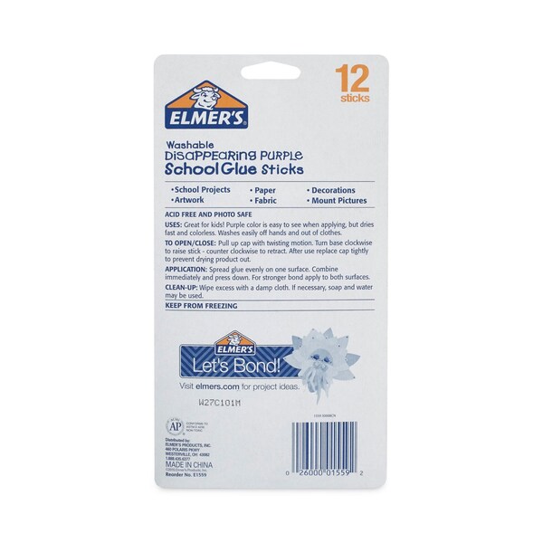Elmers Disappearing Purple School Glue Stick, 0.21 oz, Dries Clear, 12PK - E1559