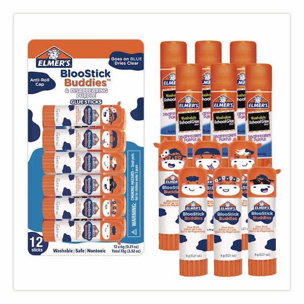 Elmers BlooStick Buddies and Disappearing Purple Glue Stick Combo Pack, 0.21 oz, Dries Clear, 12PK - 2213736