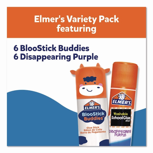 Elmers BlooStick Buddies and Disappearing Purple Glue Stick Combo Pack, 0.21 oz, Dries Clear, 12PK - 2213736
