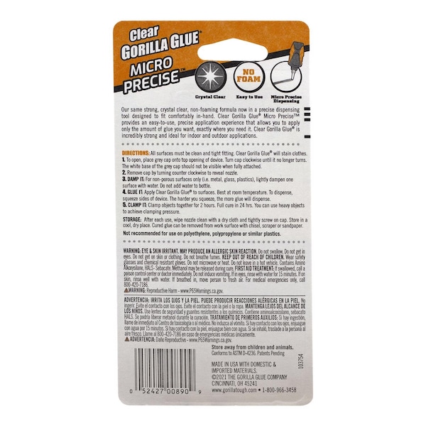 Gorilla Glue Gorilla Micro Precise High Strength Hybrid Adhesive Clear Glue 5 gm - 103616