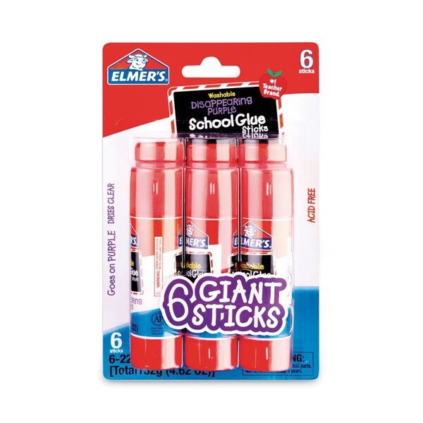 Elmers School Glue Stick, 0.77 oz, Applies Purple, Dries Clear, 6PK - E578