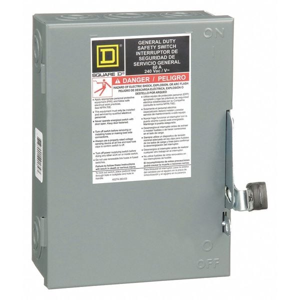 Interruptor de seguridad no fusible Square D, uso general, 240V AC, 3PST, 60 A, NEMA 1 - DU322