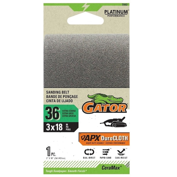 Gator Portable Sander Belt, 3 in W, 18 in L, 36 Grit, Ceramic Abrasive - 7083