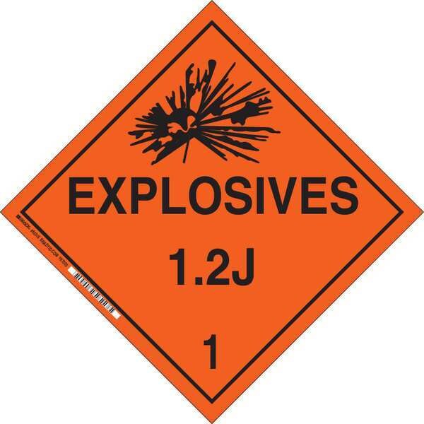Brady DOT Container Placard, Explosives 1.2J 1, B-101 Polycoated Tagstock, 10-3/4" W x 10-3/4" H - 63386