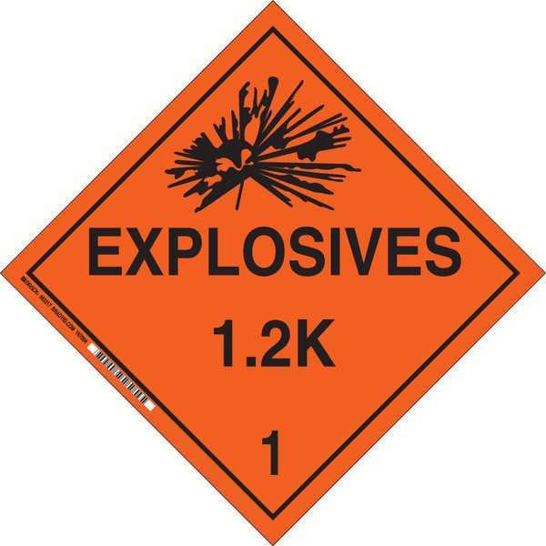 Brady DOT Container Placard, Explosives 1.2K 1, B-101 Polycoated Tagstock, 10-3/4" W x 10-3/4" H - 63387