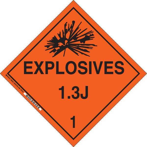 Brady DOT Container Placard, Explosives 1.3J 1, B-101 Polycoated Tagstock, 10-3/4" W x 10-3/4" H - 63393