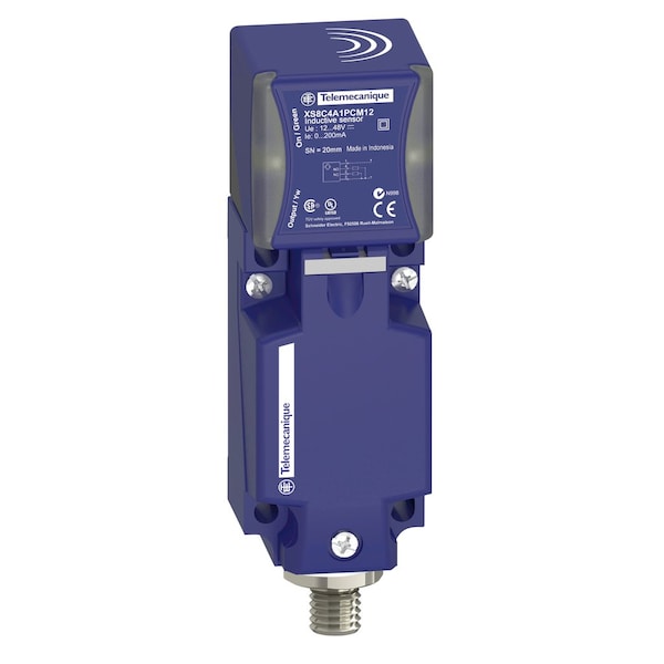 Sensores Telemecanique DC PNP NO/NC de 4 hilos, tipo Flush, distancia de detección de 20 mm, con conector M12 - XS8C4A1PCM12.
