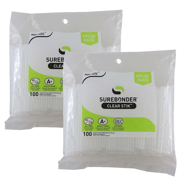 Surebonder Mini Hot Melt Adhesive, 4 in, Diameter 5/16 in, Clear, Dual Temperature, PK200 - DT-100