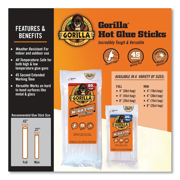 Gorilla Glue Mini Hot Glue Sticks, 0.27 in. dia x 4 in., Dries Clear, 75PK - 3027502
