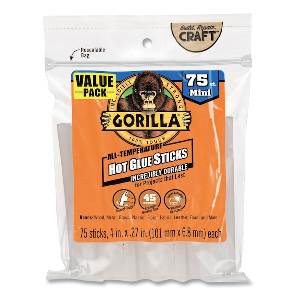 Gorilla Glue Mini Hot Glue Sticks, 0.27 in. dia x 4 in., Dries Clear, 75PK - 3027502