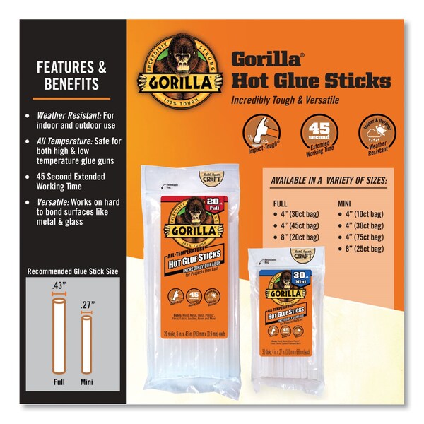 Gorilla Glue Mini Hot Glue Sticks, 0.27in dia x 4in, Dries Clear, 30PK - 3023003
