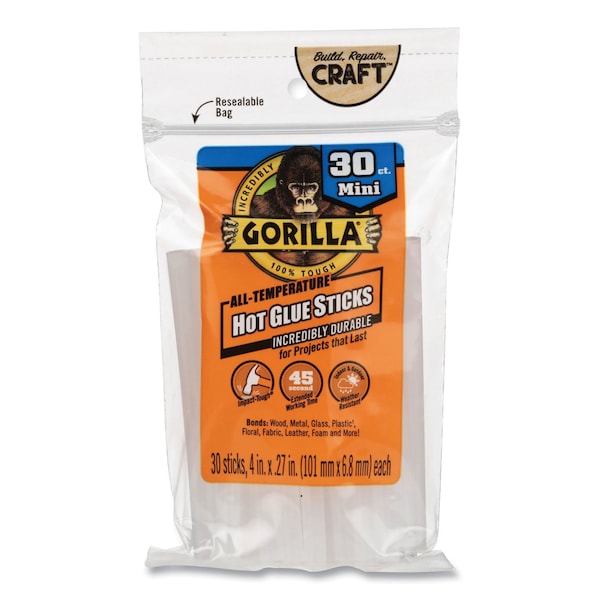Gorilla Glue Mini Hot Glue Sticks, 0.27in dia x 4in, Dries Clear, 30PK - 3023003