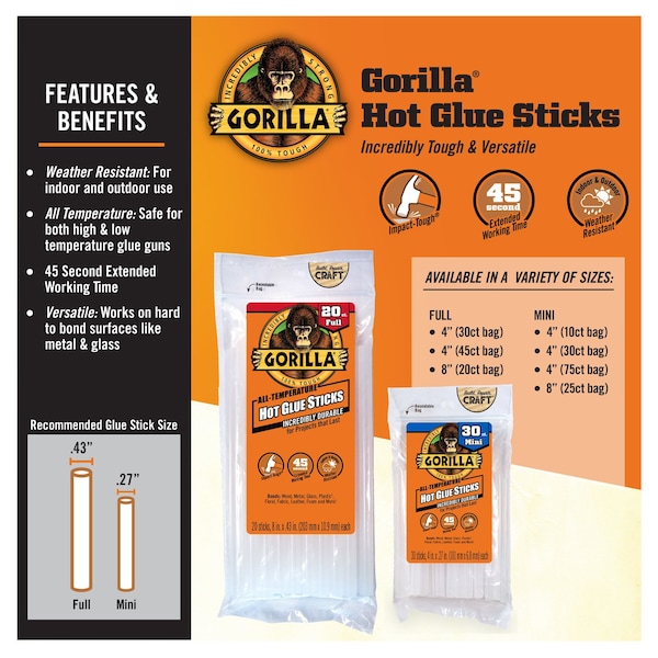 Gorilla Glue Gorilla High Strength Clear Hot Glue Sticks 30 pc - 3033002