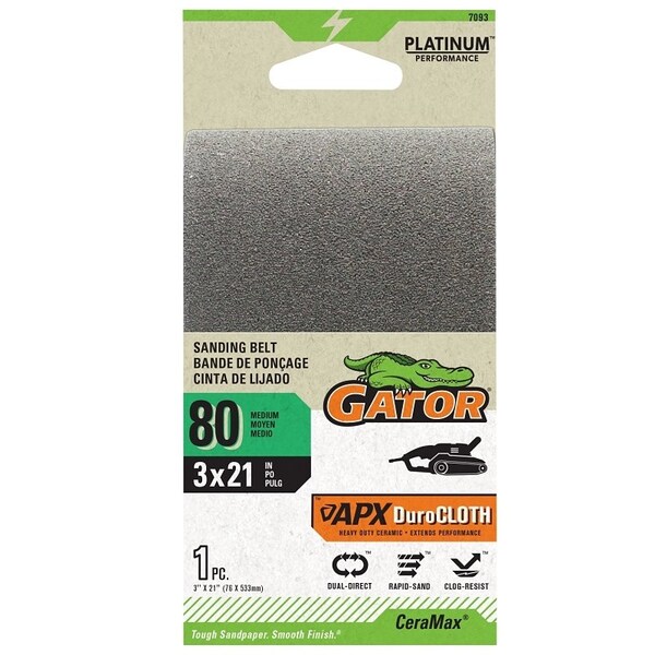 Gator Portable Sander Belt, 3 in W, 21 in L, 80 Grit, Ceramic Abrasive - 7093
