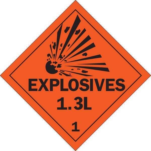Brady DOT Container Placard, Explosives 1.3L 1, B-946 Pressure Sensitive Vinyl, 10-3/4" W x 10-3/4" H - 63325