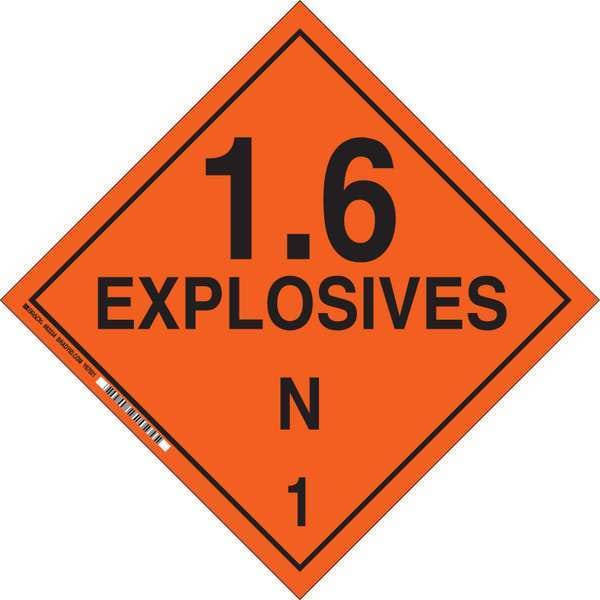 Brady DOT Container Placard, 1.6 Explosives N 1, B-120 Premium Fiberglass, 10-3/4" W x 10-3/4" H - 63369