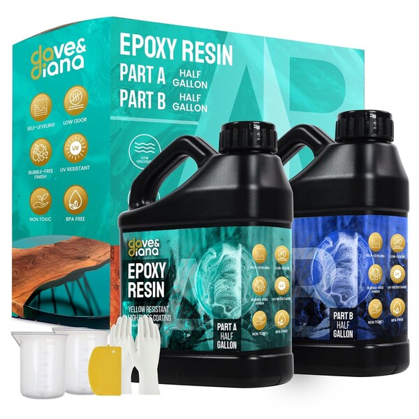 Dave & Diana Crystal Clear Epoxy Resin 1 Gallon, Includes 1/2 Gallon Each of Resin A and Hardener B - OCEPRG1