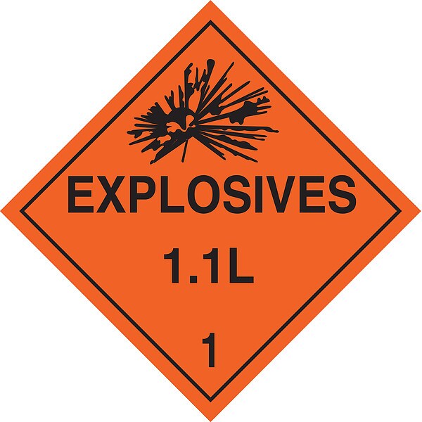 Brady DOT Container Placard, Explosives 1.1L 1, B-946 Pressure Sensitive Vinyl, 10-3/4" W x 10-3/4" H - 63308
