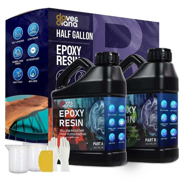 Dave & Diana Crystal Clear Epoxy Resin 2 Gallons, Includes 1 Gallon Each of Resin A and Hardener B - OCEPR2G