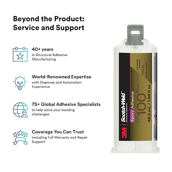 3M Epoxy Adhesive, DP100Plus Series, Clear, Dual-Cartridge, 1:01 Mix Ratio, 20 min Functional Cure - 100 PLUS