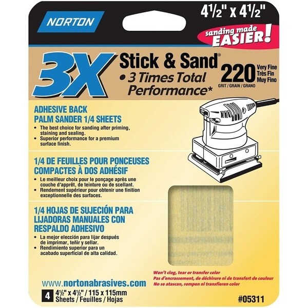 Norton Co ProSand 0766070 Sanding Sheet, 412 in L, 412 in W, Very Fine, 220 Grit, Aluminum Oxide Abrasive - 5311