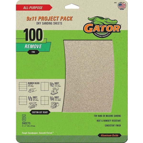 Gator Sanding Sheet, 11 in L, 9 in W, 100 Grit, Medium, Aluminum Oxide Abrasive - 4441