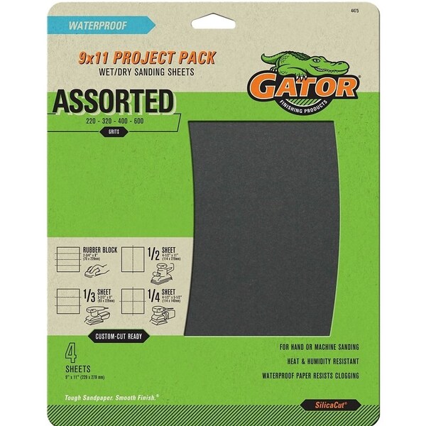 Gator Sanding Sheet, 9 in L, 11 in W, 220, 320, 400, 600 Grit, Extra Fine/Ultra Fine/Very Fine - 4475