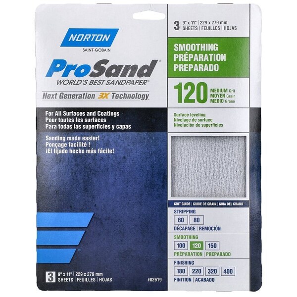 Norton Co ProSand 07660768161 Sanding Sheet, 11 in L, 9 in W, Medium, 120 Grit, Aluminum Oxide Abrasive - 2619