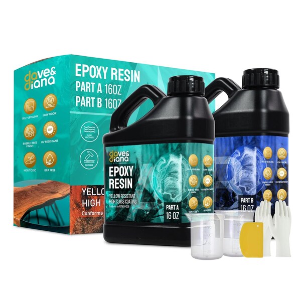 Dave & Diana Crystal Clear Epoxy Resin 16oz Includes 16oz Each of Resin A and Hardener B Anti-Yellowing - OCEPR32
