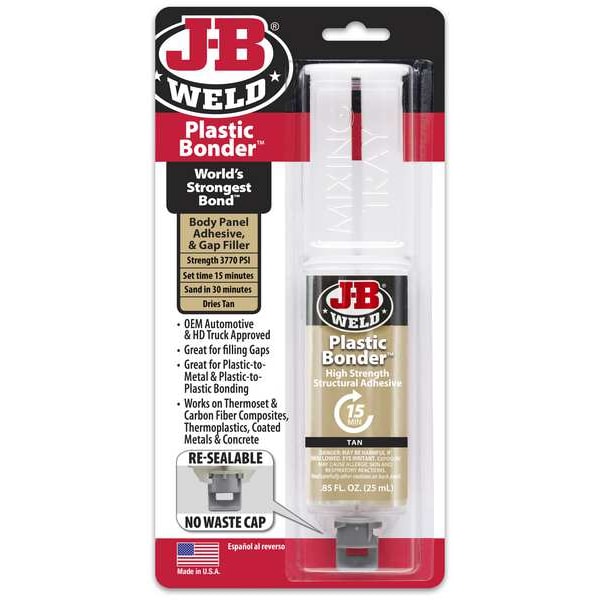 J-B Weld Epoxy Adhesive, PlasticBonder Series, Tan, Syringe, 1:01 Mix Ratio, 30 min Functional Cure - 50133
