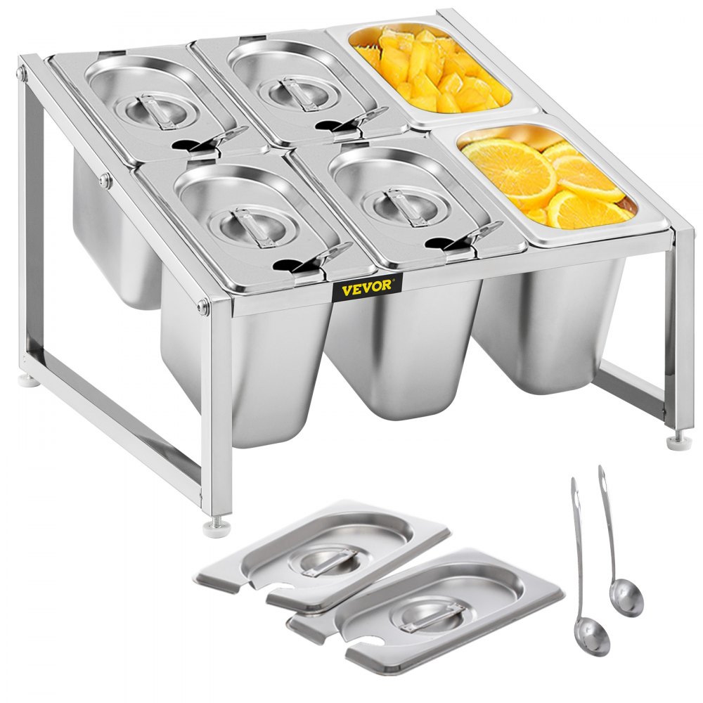 VEVOR Expandable Spice Rack, 13.8"-23.6" Adjustable, 2-Tier Stainless Steel Organizer Shelf with 6 1/9 Pans 6 Ladles, Countertop Inclined Holder for Sauce Ingredients Fruits, for Kitchen Pantry Use - DWJECZFXP6219ZV0GV0