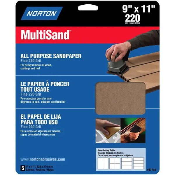 Norton Co 9" x 11" MultiSand All Purpose Sanding Sheet 220-Grit, PK 5 - 47710