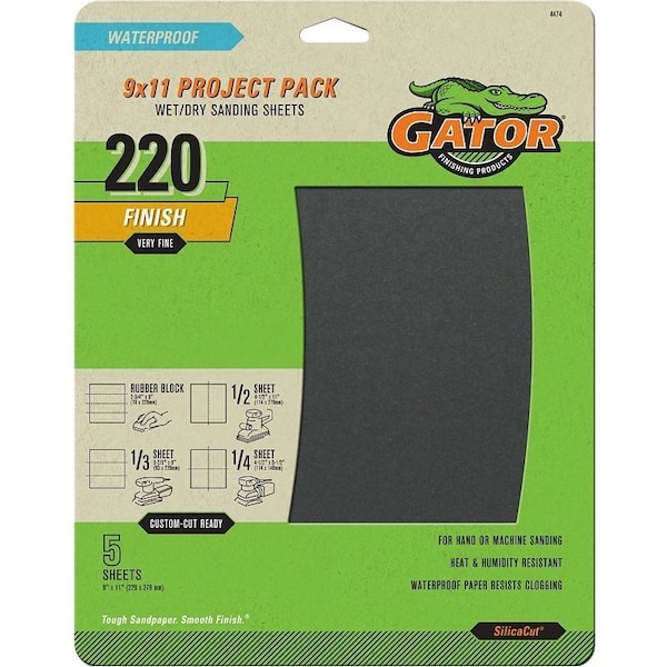 Gator Sanding Sheet, 9 in L, 11 in W, 220 Grit, Extra Fine, Silicone Carbide Abrasive - 4474