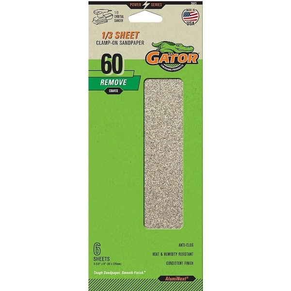 Gator Sanding Sheet, 3-2/3 in W, 9 in L, 60 Grit, Coarse, Aluminum Oxide Abrasive, Paper Backing - 5043