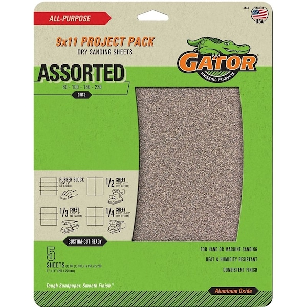 Gator Sanding Sheet, 9 in L, 11 in W, 60, 100, 150, 220 Grit, Coarse/Extra Fine/Fine/Medium - 4444