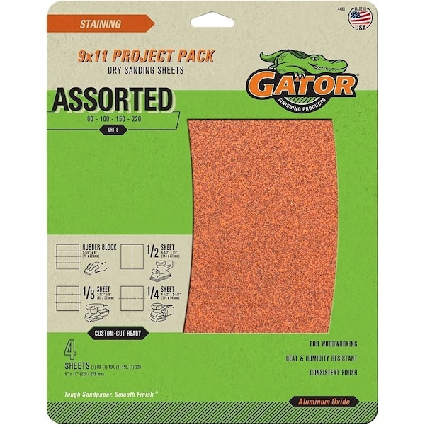 Gator Sanding Sheet, 11 in L, 9 in W, Garnet Abrasive, Paper Backing - 4461