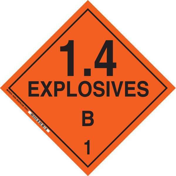 Brady DOT Container Placard, Explosives 1.4B 1, B-101 Polycoated Tagstock, 10-3/4" W x 10-3/4" H - 63396