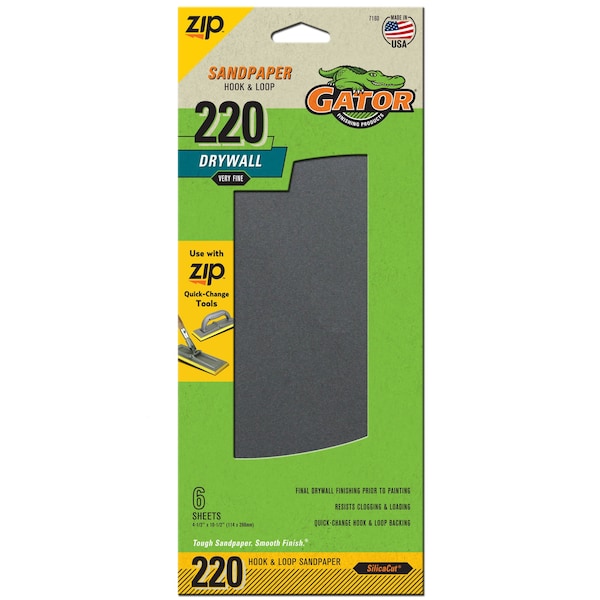 Gator Finishing Zip SilicaCut Drywall Hook and Loop Sandpaper Sheets, 220 Very Fine Grit - 7160