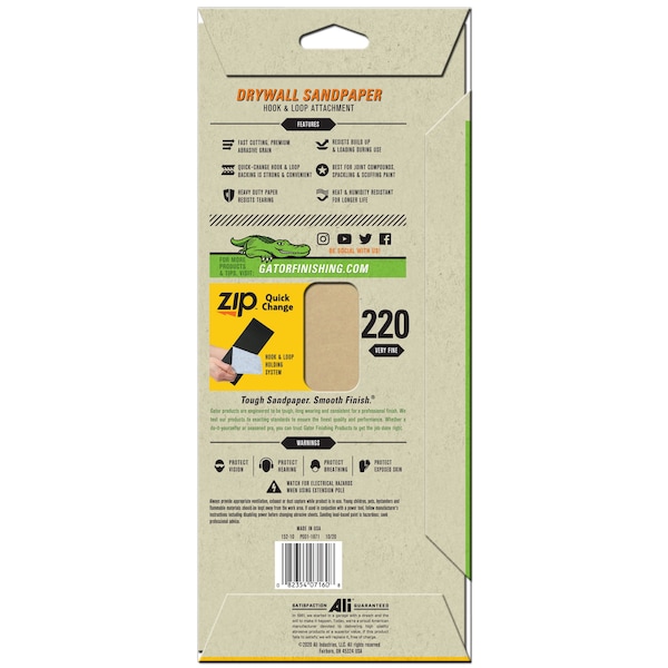Gator Finishing Zip SilicaCut Drywall Hook and Loop Sandpaper Sheets, 220 Very Fine Grit - 7160