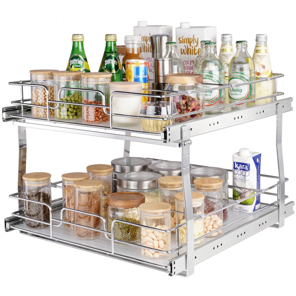VEVOR 2 Tier 19"W x 20"D Pull Out Cabinet Organizer, Heavy Duty Slide Out Pantry Shelves, Chrome-Plated Steel Roll Out Drawers, Sliding Drawer Storage for Inside Kitchen Cabinet, Bathroom, Under Sink - HGS220W21D15HSW3PV0