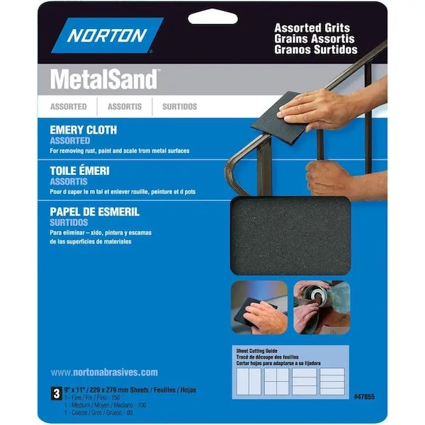 Norton Co 9" x 11" MetalSand Emery Cloth Sanding Sheet Assorted, PK 3 - 47855