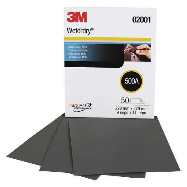 3M Sanding Sheet, 11" L x 9" W, 500 Grit, PK50 - 7000118291