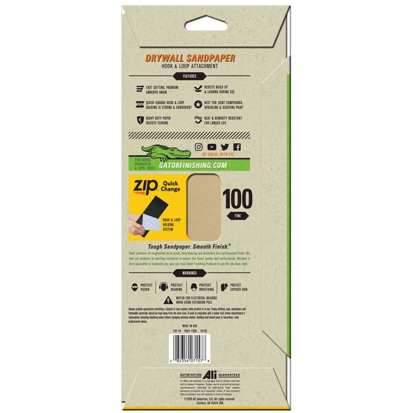 Gator Finishing Zip SilicaCut Drywall Hook and Loop Sandpaper Sheets, 100 Fine Grit - 7157