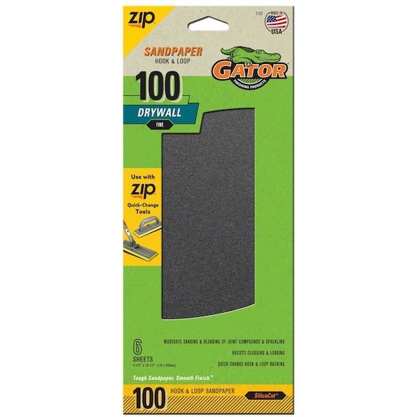 Gator Finishing Zip SilicaCut Drywall Hook and Loop Sandpaper Sheets, 100 Fine Grit - 7157
