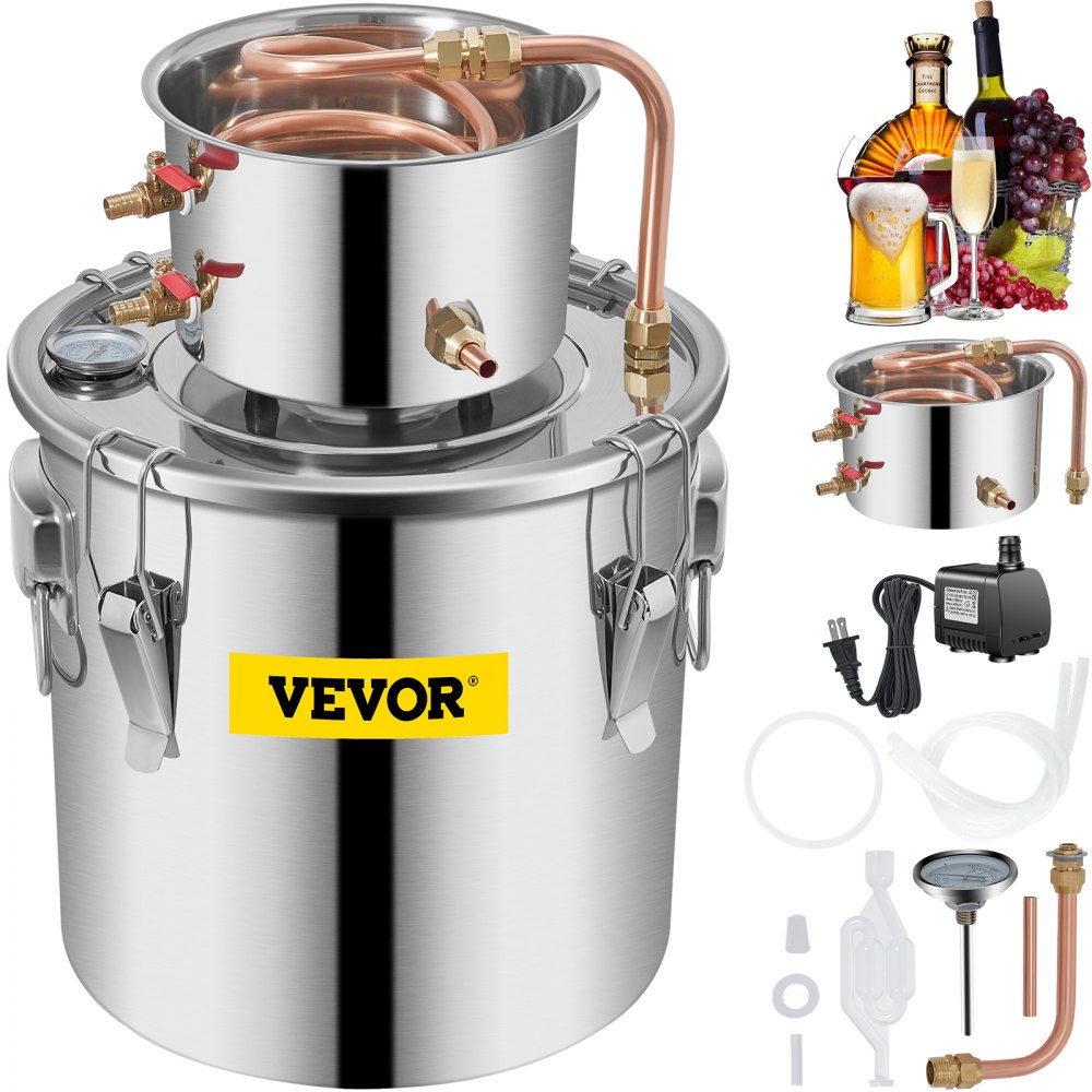 VEVOR Water Alcohol Distiller, 3 Gal, Distillery Kit w/Circulating Pump, Alcohol Still Copper Tube, Whiskey Distilling Kit w/Build-In Thermometer, Whiskey Making Kit for DIY Alcohol, Stainless Steel - ZLSJ3GALDTDB00001V1