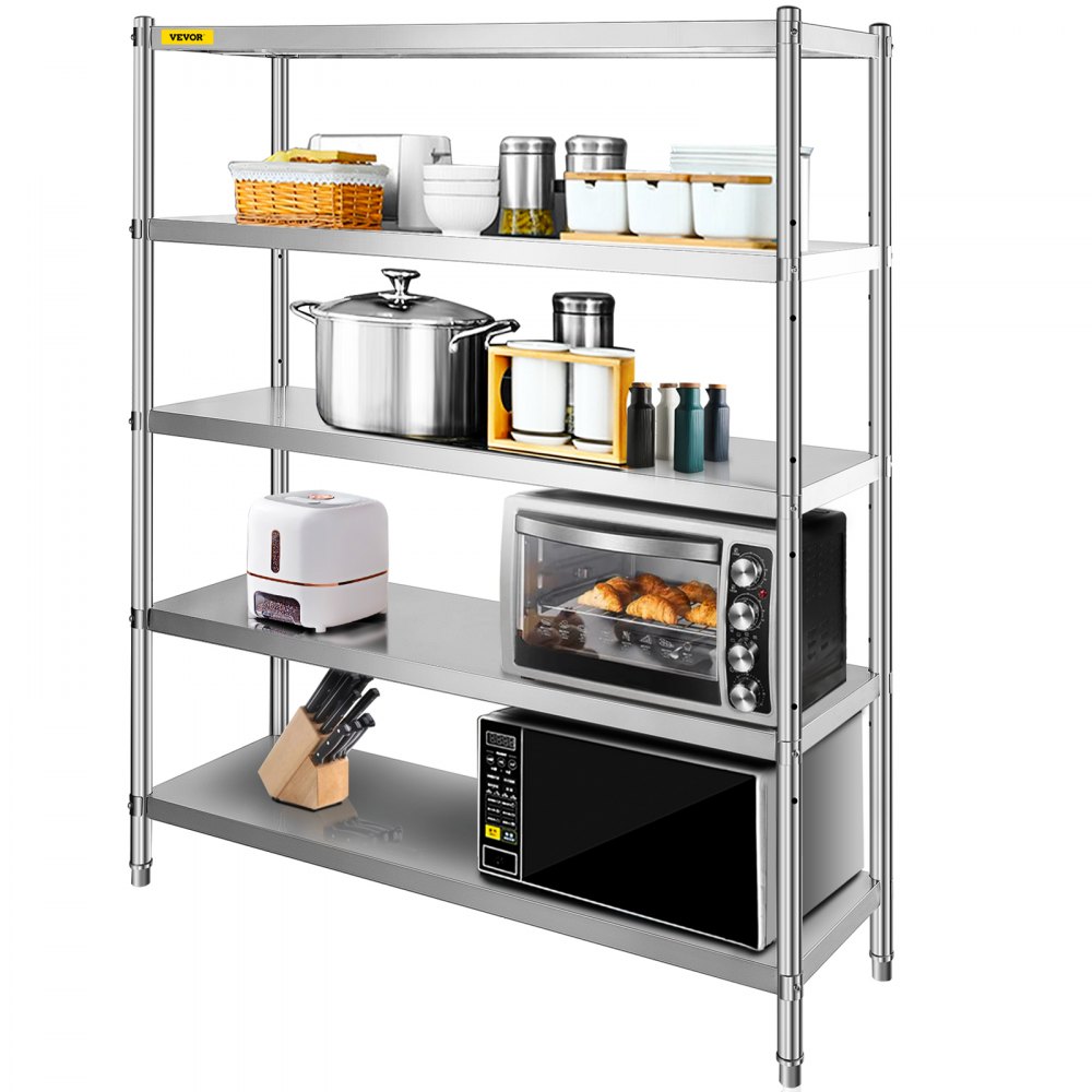 VEVOR Stainless Steel Shelving 60x18.5 Inch 5 Tier Adjustable Shelf Storage Unit Stainless Steel Heavy Duty Shelving for Kitchen Commercial Office Garage Storage 330lb Per Shelf - BXGHJ5C60X18.5YC1V0