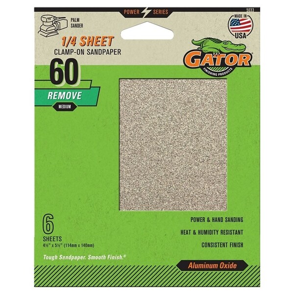 Gator Sanding Sheet, 4-1/2 in W, 5-1/2 in L, 60 Grit, Coarse, Aluminum Oxide Abrasive, Paper Backing - 5033