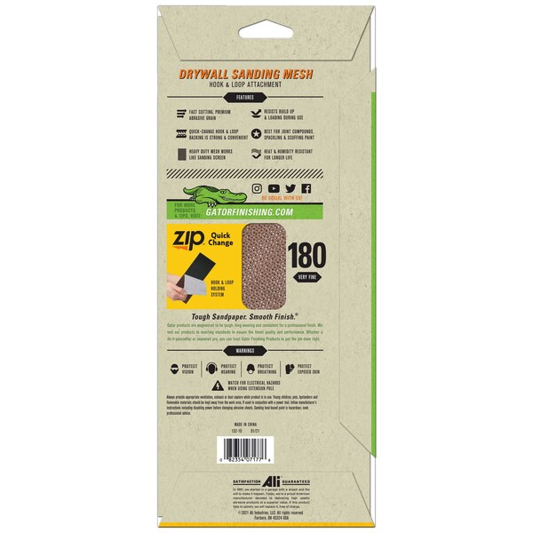Gator Finishing Zip AlumiNext Drywall Hook and Loop Sanding Mesh Sheets, 180 Very Fine Grit - 7177