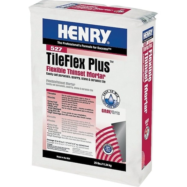 Henry HENRY 527 TileFlex Plus Series 12262 Flexible Thin-Set Mortar, Fine Solid Powder, Gray, 25 lb Bag - 12262