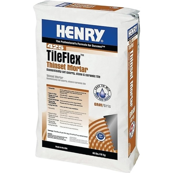 Henry HENRY 425 TileFlex Series 12260 Thin-Set Mortar, Fine Solid Powder, Gray, 40 lb Bag - 12260